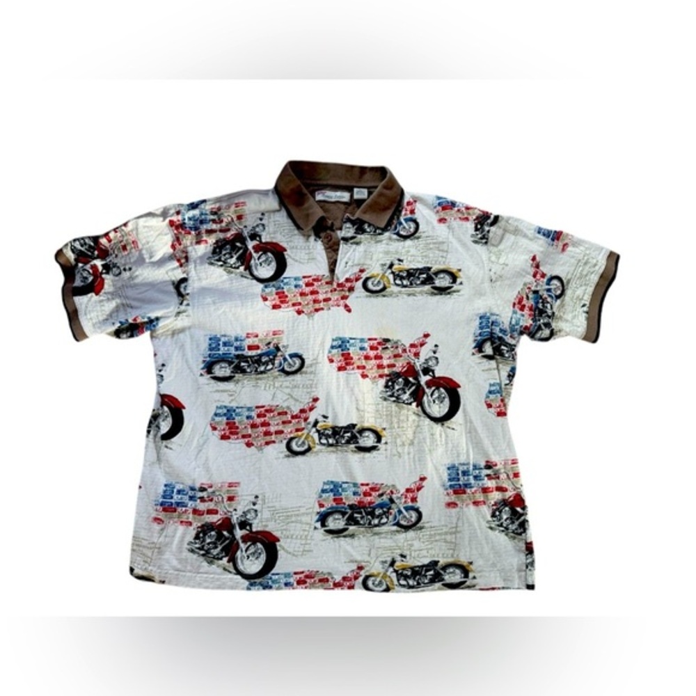 VTG American Summer polo multicolor tan collar Motorcycle full print size XL